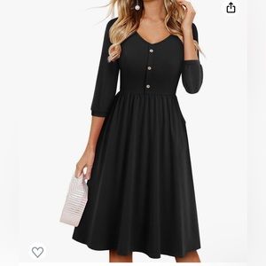 Black Dress w Long Sleeves V Neck A Line Casual Dress w Pockets Large